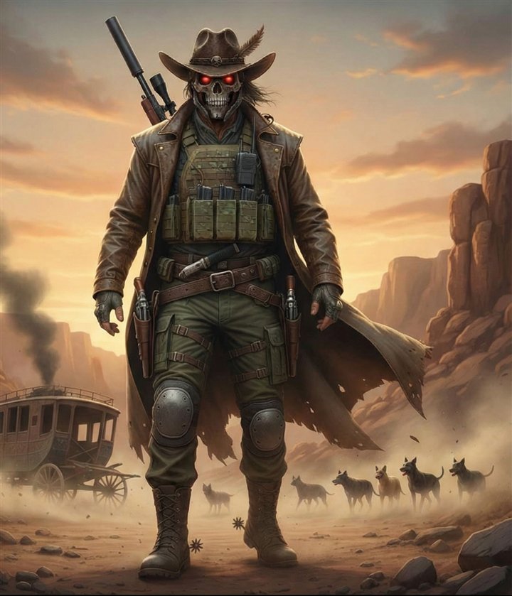 The Outlaw — skull-faced gunslinger walking out of the desert